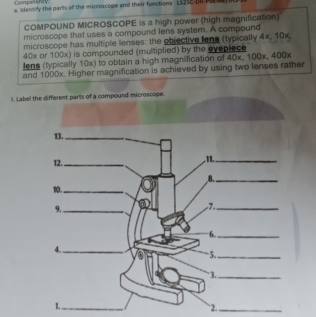 Solved: Competency: a. Identify the parts of the microscope and their ...