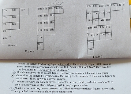 Tile Tile Tile Tile Tile Tile Tile Tile 
Tile Tile Tile Tile Tile 
Tile Tile Tile Tille Tile 
Tile Tile Tile Tile 
Tile Tile 
Figure I Tile 
Figure 2 
Extend the pattern by drawing Figures 0, 4, and 5.. Then describe Figure 100. Give as 
much information as you can about Figure 100. What will it look like? How will the 
tiles be arranged? How many tiles will it have? 
Find the number of tiles in each figure. Record your data in a table and on a graph. 
Generalize the pattern by writing a rule that will give the number of tiles in any figure in 
the pattern. Show how you got your answer. 
Demonstrate how the pattern grows. Use color, arrows, labels, and other math tools to 
help you show and explain. Show growth in each representation 
What connections do you see between the different representations (figures, X→γ table, 
and graph)? How can you show these connections?