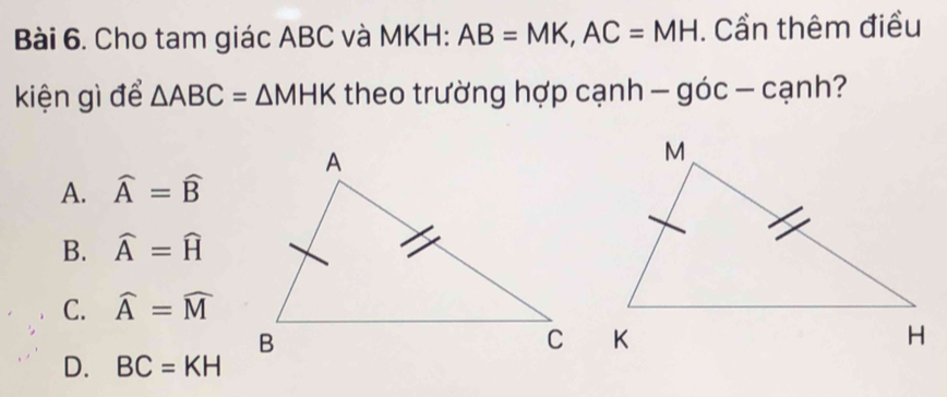 Cho tam giác ABC và MKH : AB=MK, AC=MH. Cần thêm điều
kiện gì để △ ABC=△ MHK theo trường hợp cạnh - góc - cạnh?
A. widehat A=widehat B
B. widehat A=widehat H
C. widehat A=widehat M
D. BC=KH