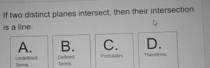 If two distinct planes intersect, then their intersection
is a line.
A. B. C. D.
Undefined Defined Postulates Theorems
Terms Terms