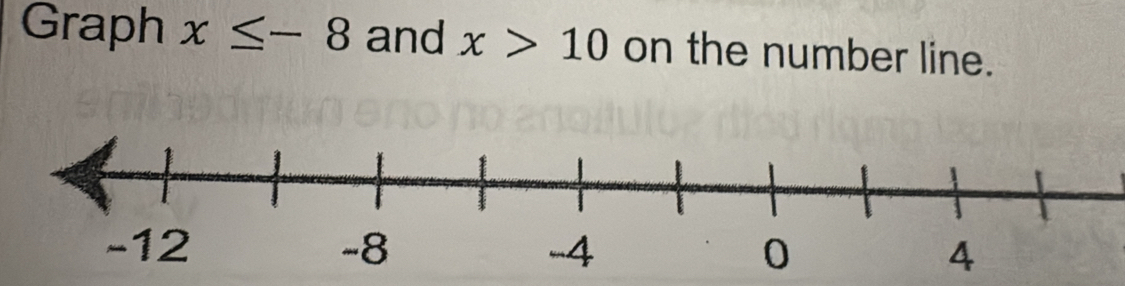 Graph x≤ -8 and x>10 on the number line.