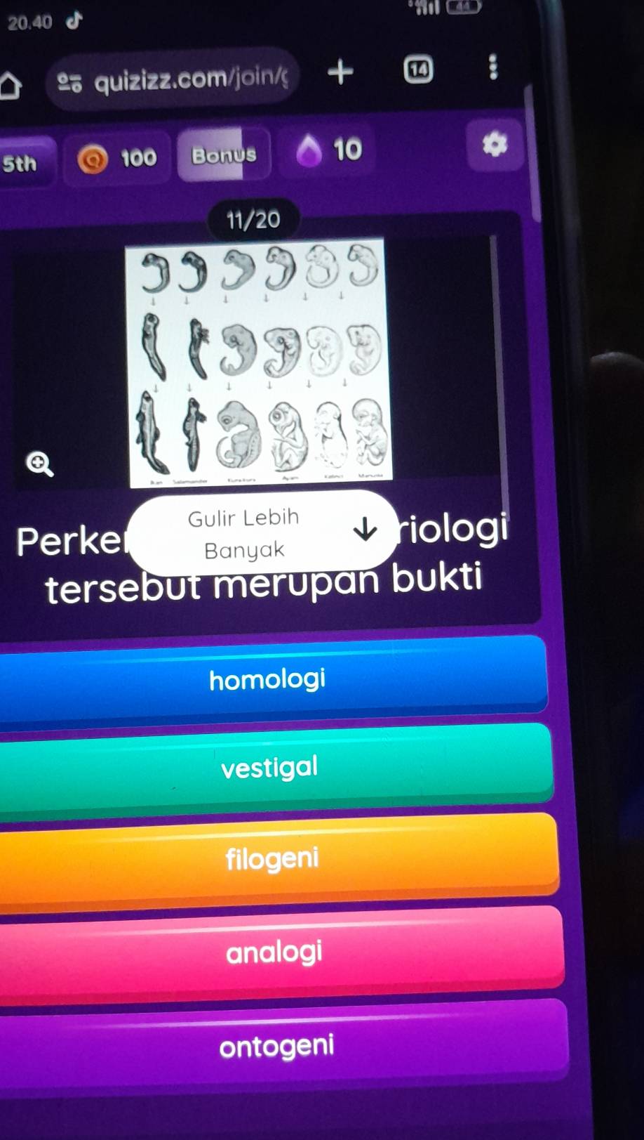 20.40 
º quizizz.com/join/g +
5th 100 Bonus 10
11/20
Gulir Lebih
Perker Banyak
riologi
tersebut merupan bukti
homologi
vestigal
filogeni
analogi
ontogeni