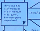 If you have 3.85
* 10^(13) molecules
of a fat molecule
of 813 g/mol, 1.92* 10^3g
how many grams
do you have? 1
1°
2 grams