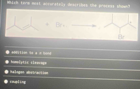 Which term most accurately describes the process shown?
addition to a π bond
homolytic cleavage
halogen abstraction
coupling