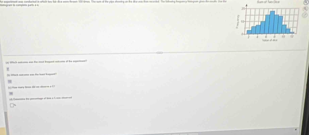 An experiment was conducted in which two fair dice were thrown 100 times. The sum of the pips showing on the dice was then recorded. The following frequency histogram gives the results. User ther Sum of Two Dice
histogram la complete parts à e
(4) Which outcome was the enst frequent outcame of the experiment?
z
(5) itich mutcome was the least froquent?
32
(t) How muny times did we observe a 57
(d) Dutermine the percontage of time a 5 was otnerved