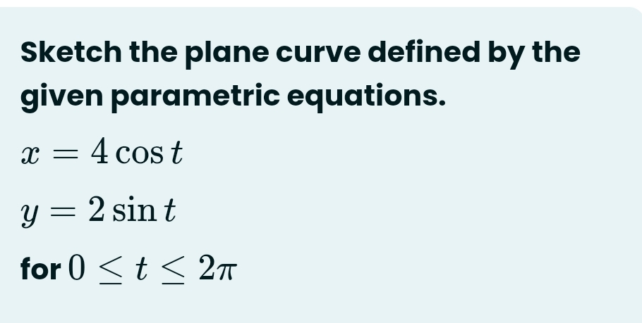 Sketch the plane curve defined by the 
given parametric equations.
x=4cos t
y=2sin t
for 0≤ t≤ 2π