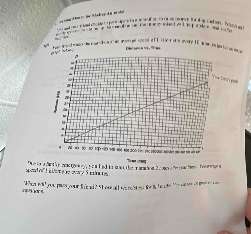 Raising Money for Shelter Animals! 
you and your friend decide to participate in a marathon to raise money for dog shelters. Friends and 
ramity sponsor you to run in the marathon and the money raised will help update local shelter 
facilities. 
1/ 
d walks the marathon at an average speed of 1 kilometre every 10 minutes
Time (min) 
Due to a family emergency, you had to start the marathon 2 hours after your friend. You average a 
speed of 1 kilometre every 5 minutes. 
When will you pass your friend? Show all work/steps for full marks. You can use the graph or use 
equations.