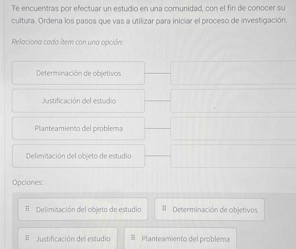 Te encuentras por efectuar un estudio en una comunidad, con el fin de conocer su 
cultura. Ordena los pasos que vas a utilizar para iniciar el proceso de investigación. 
Relaciona cada ítem con una opción: 
Determinación de objetivos 
Justificación del estudio 
Planteamiento del problema 
Delimitación del objeto de estudio 
Opciones: 
Delimitación del objeto de estudio Determinación de objetivos 
Justificación del estudio Planteamiento del problema