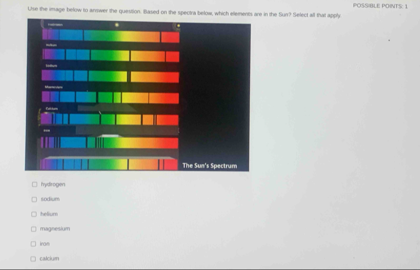 POSSIBLE POINTS: 1
Use the image below to answer the question. Based on the spectra below, which elements are in the Sun? Select all that apply.
hydrogen
sodium
helium
magnesium
iron
calcium