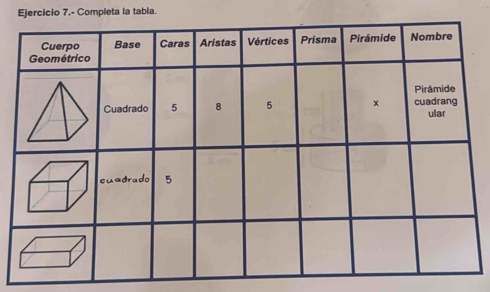 Ejercicio 7.- Completa la tabla.