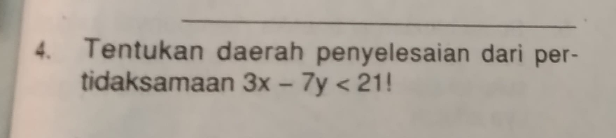 Tentukan daerah penyelesaian dari per- 
tidaksamaan 3x-7y<21</tex> B