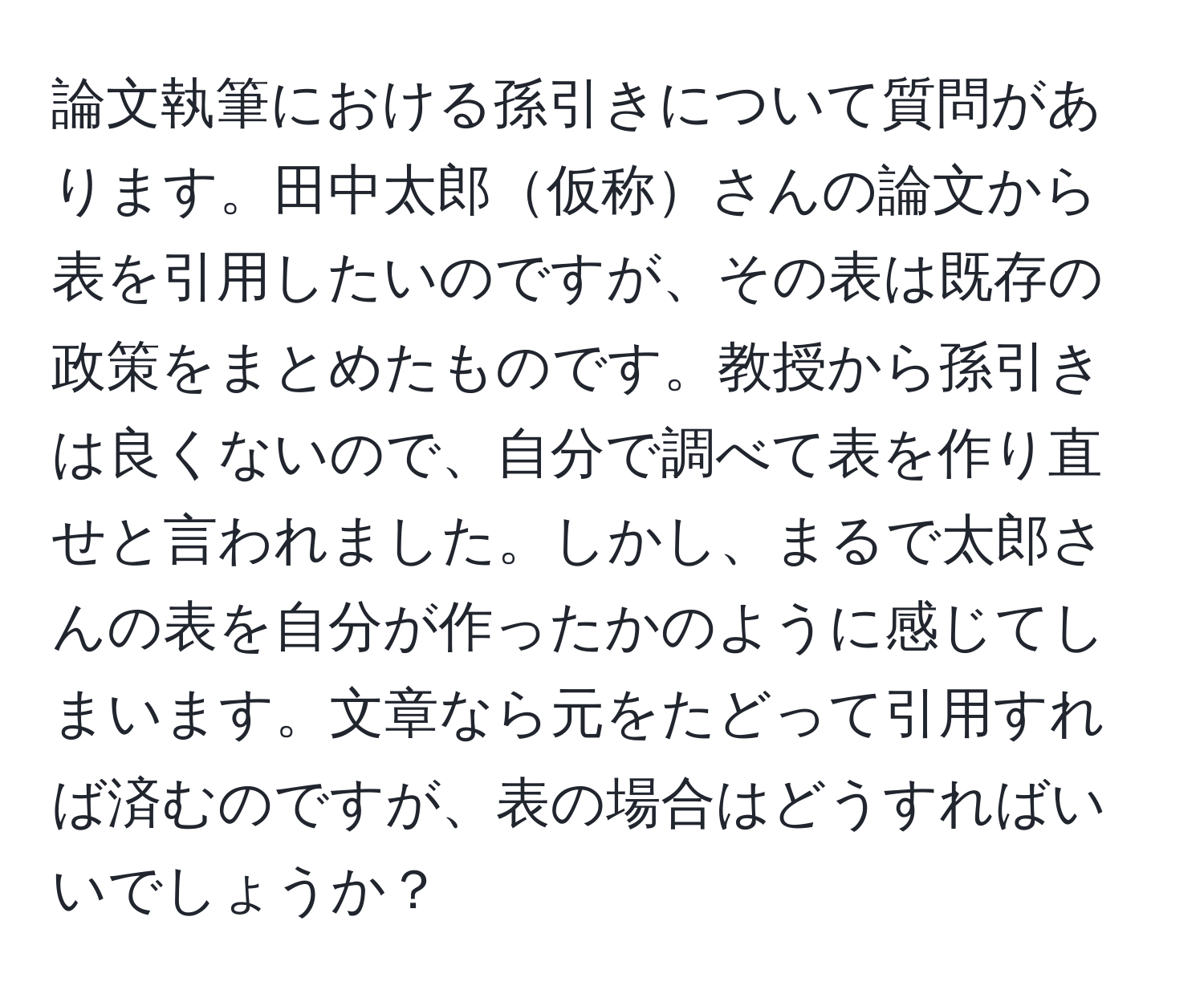 論文執筆における孫引きについて質問があります。田中太郎仮称さんの論文から表を引用したいのですが、その表は既存の政策をまとめたものです。教授から孫引きは良くないので、自分で調べて表を作り直せと言われました。しかし、まるで太郎さんの表を自分が作ったかのように感じてしまいます。文章なら元をたどって引用すれば済むのですが、表の場合はどうすればいいでしょうか？