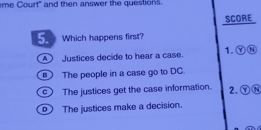 me Court" and then answer the questions.
SCORE
5. Which happens first?
A Justices decide to hear a case. 1. ⓎⓃ
B The people in a case go to DC.
c The justices get the case information. 2. YN
The justices make a decision.