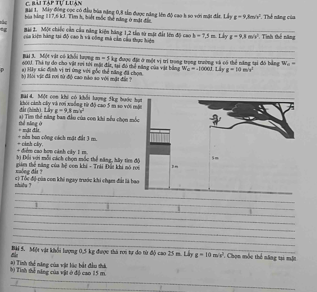 bài tập tự luận
Bài 1. Máy đóng cọc có đầu búa nặng 0,8 tấn được nâng lên độ cao h so với mặt đất. Lấy g=9,8m/s^2 *. Thế năng của
_
búa băng 117,6 kJ. Tìm h, biết mốc thế năng ở mặt đất.
úc
ng Bài 2. Một chiếc cần cầu nâng kiện hảng 1,2 tấn từ mặt đất lên độ cao h=7,5m. Lấy g=9,8m/s^2. Tính thế năng
_
của kiện hàng tại độ cao h và công mả cần cấu thực hiện
_
_
Bài 3. Một vật có khối lượng m=5kg được đặt ở một vị trí trong trọng trường và có thế năng tại đó bằng W_t1=
600J. Thả tự do cho vật rơi tới mặt đất, tại đó thế năng của vật bằng W_Q=-1000J
p a) Hãy xác định vị trí ứng với gốc thế năng đã chọn. . Lấy g=10m/s^2
_
_
b) Hỏi vật đã rơi từ độ cao nào so với mặt đất ?
_
Bài 4. Một con khi có khối lượng 5kg bước 
khỏi cành cây và rơi xuống từ độ cao 5 m so với m
đất (hình). Lấy g=9,8m/s^2
a) Tim thể năng ban đầu của con khi nếu chọn mố
thế năng ở
+ mặt đất.
+ nền ban công cách mặt đất 3 m.
+ cảnh cây.
+ điểm cao hơn cảnh cây 1 m.
b) Đối với mỗi cách chọn mốc thế năng, hãy tìm đ
giảm thế năng của hệ con khi - Trái Đất khi nó r
xuống đất ?
c) Tốc độ của con khi ngay trước khi chạm đất là ba
nhiêu ?
_
_
_
_
_
_
_
Bài 5. Một vật khối lượng 0,5 kg được thả rơi tự do từ độ cao 25 m. Lấy
đất g=10m/s^2. Chọn mốc thế năng tại mặt
a) Tính thế năng của vật lúc bắt đầu thả.
_
b) Tính thế năng của vật ở độ cao 15 m.
_