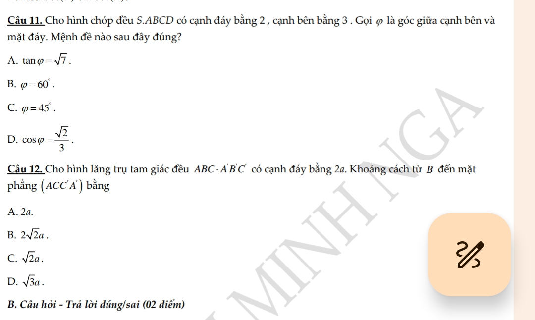 Cho hình chóp đều S. ABCD có cạnh đáy bằng 2 , cạnh bên bằng 3. Gọi φ là góc giữa cạnh bên và
mặt đáy. Mệnh đề nào sau đây đúng?
A. tan varphi =sqrt(7).
B. varphi =60°.
C. varphi =45°.
D. cos varphi = sqrt(2)/3 . 
Câu 12. Cho hình lăng trụ tam giác đều ABC · A'B'C' có cạnh đáy bằng 2a. Khoảng cách từ B đến mặt
phẳng (ACC'A') bằng
A. 2a.
B. 2sqrt(2)a.
C. sqrt(2)a.

D. sqrt(3)a. 
B. Câu hỏi - Trả lời đúng/sai (02 điểm)