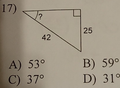 A) 53° B) 59°
C) 37° D) 31°