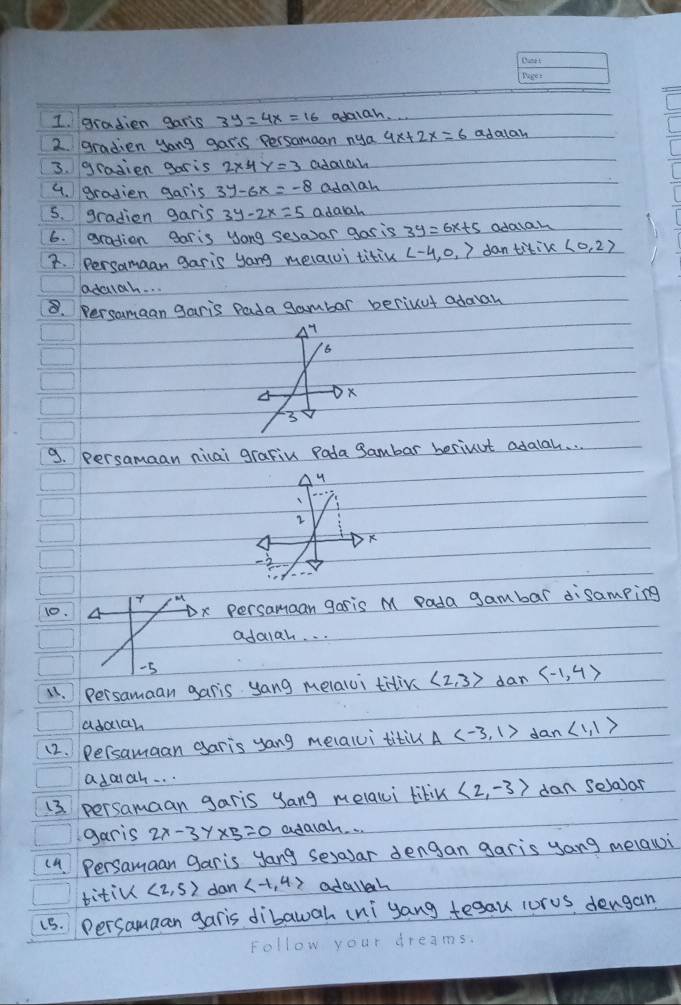 gradien garis 3y=4x=16 adaiah. . 
2 gradien yong garis Persamaan nya adalah 
3. gradien garis adaiah 
4. gradien garis 3y-6x=-8 adalah 
5. gradien garis 3y-2x=5 adaak 
6. gradion garis yong sesoar gasis 3y=6x+5 adalah 
7. Persamaan garis yang melaloi titiv (-4,0,) dantitik L0,2)
aduah. . . 
8. Persamaan garis Pada gambar beriuut adaan 
7 
6 
D 
3 
9. persamaan nicai grafin Pada Sambar herinut adalal. . 
2 
2 
7 
10. Dx persamaan garis M Pada gambar disamping 
adalah. . .
-5
11.Persamaan garis yang melalui titin <2,3> dar
adccah 
12. Persamaan garis yong melalui titin A dan <1,1>
adaiah. . . 
13. persamaan garis yang melalci litin <2,-3> dan selaar 
garis 2x-3y* 5=0 adaiah. . . 
(4 Persamaan garis yang sesoar dengan garis yang melawi 
titiu ∠ 2,5) dan adallah 
15. Dersamaan garis dibawah (ni yang teaau wurus, dengan