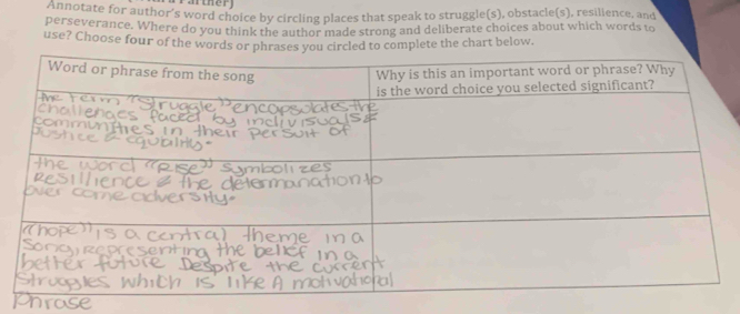 arther 
Annotate for author’s word choice by circling places that speak to struggle(s), obstacle(s), resilience, and 
perseverance. Where do you think the author made strong and deliberate choices about which words to 
use? Choose four of the words o complete the chart below.