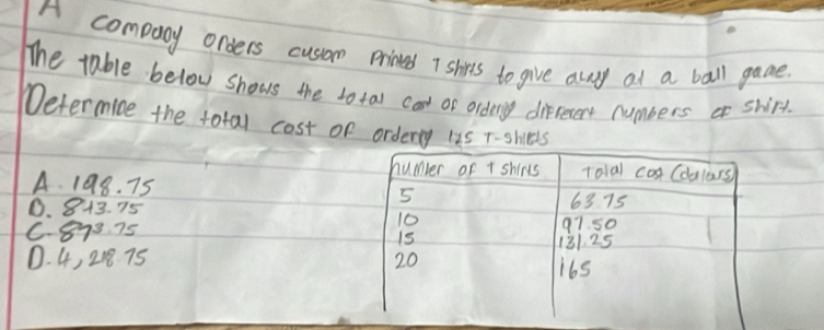 A company onders cussan Primted I shirts to give awy at a ball game.
The table below shows the total cool of orderng different numbers or shirt
Wetermice the total cost of orderly uas T-shils
A. 198. 75
0. 843. 75
C873 75
0. 4, 218 75