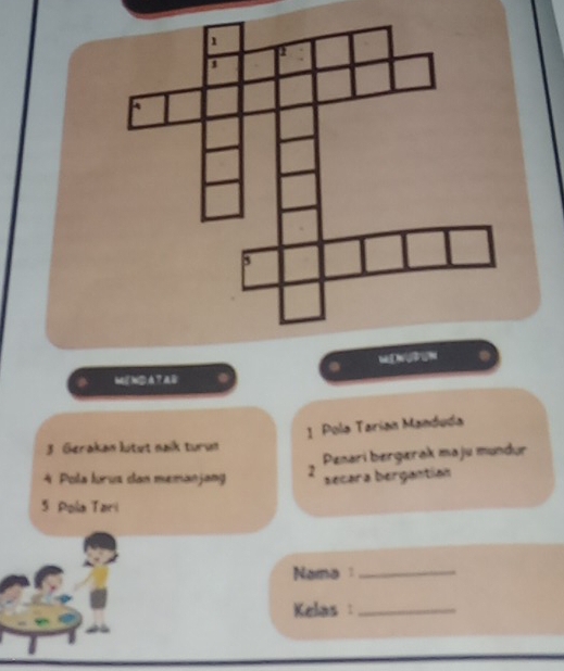 MINURUN 
M]N⑤A7AB 
1 Pola Tarían Manduda 
3. Gerakan litut naïk turu 
* Pola lurus dan memanjang 2 Penari bergærak maju mundur 
secara bergantion 
5 Pola Tari 
Nama _ 
Kelas ：_