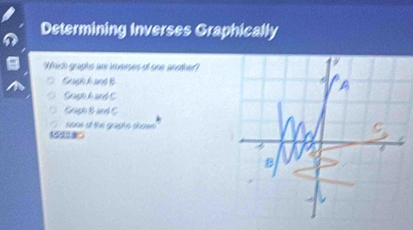 Determining Inverses Graphically
Which graphs are invemes of one another?
Graph A and S
Gcaph Aand C
Geaph B and C
sose at the graghs doowo 
1