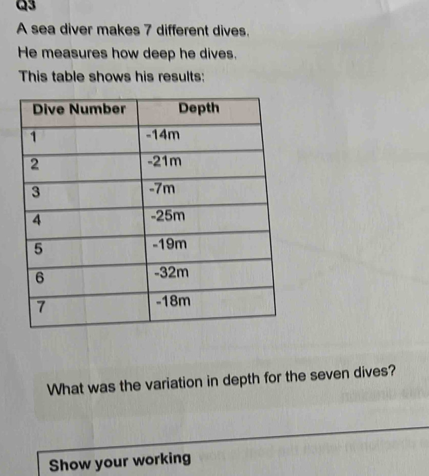 A sea diver makes 7 different dives. 
He measures how deep he dives, 
This table shows his results: 
What was the variation in depth for the seven dives? 
Show your working