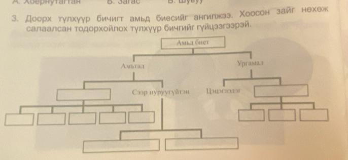 Xоернуfarfaн 
3. Доорх тγлхγγр бичигт амьд биесийг ангилжзз. Χоосон зайг нехеж 
салаалсан тодорхοйлοх тγлхγγр бичгийг гγйцээгээрэй.