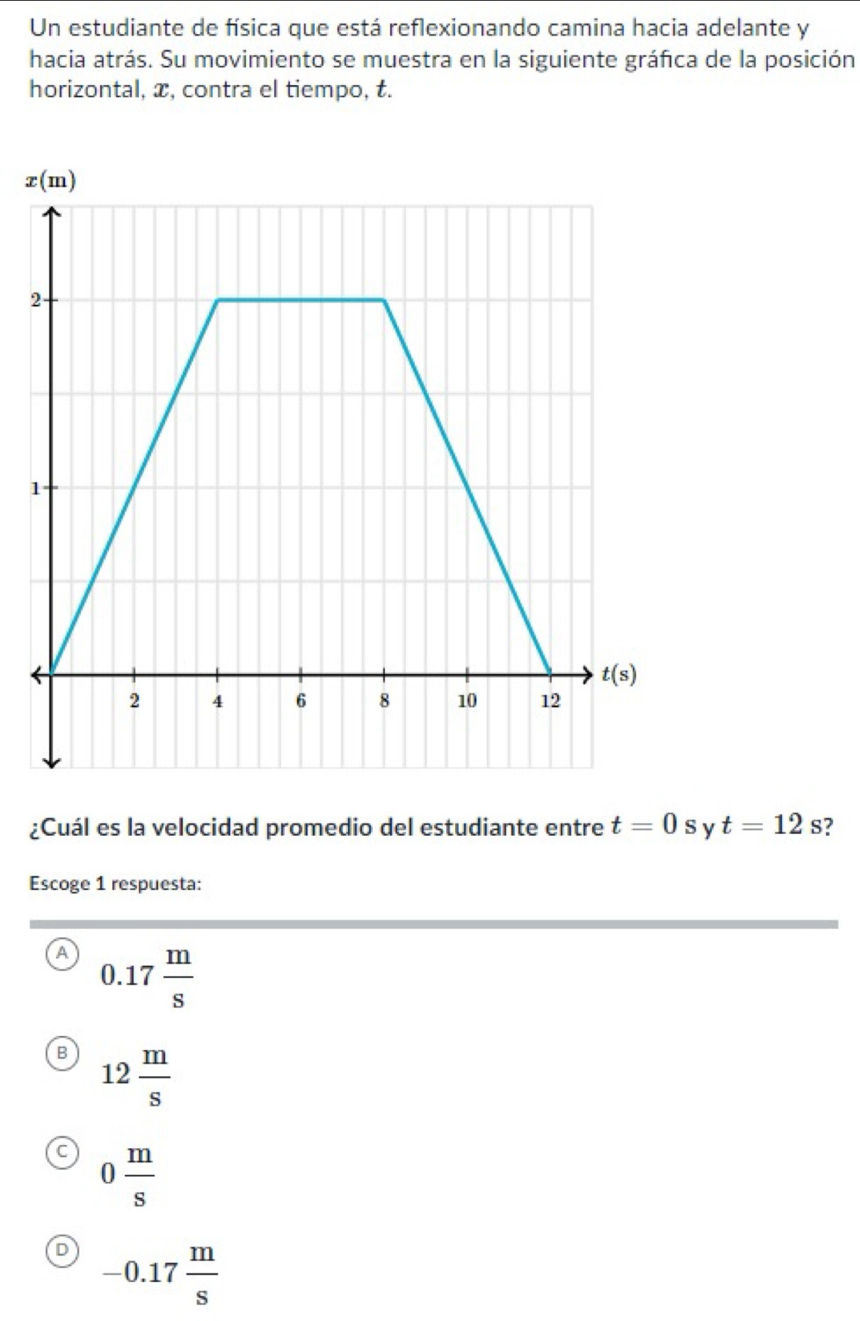 Un estudiante de física que está reflexionando camina hacia adelante y
hacia atrás. Su movimiento se muestra en la siguiente gráfica de la posición
horizontal, x, contra el tiempo, t.
2
1
¿Cuál es la velocidad promedio del estudiante entre t=0 Sy t=12s
Escoge 1 respuesta:
A 0.17 m/s 
B 12 m/s 
C 0 m/s 
-0.17 m/s 