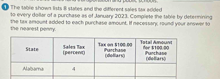 ansportation and pablic schools. 
The table shown lists 8 states and the different sales tax added 
to every dollar of a purchase as of January 2023. Complete the table by determining 
the tax amount added to each purchase amount. If necessary, round your answer to 
the nearest penny.