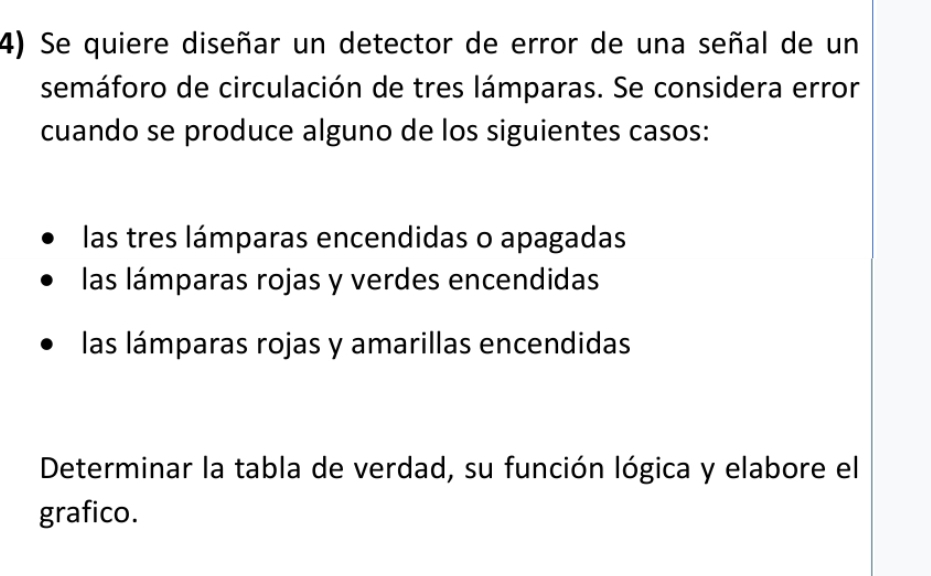 Se quiere diseñar un detector de error de una señal de un
semáforo de circulación de tres lámparas. Se considera error
cuando se produce alguno de los siguientes casos:
las tres lámparas encendidas o apagadas
las lámparas rojas y verdes encendidas
las lámparas rojas y amarillas encendidas
Determinar la tabla de verdad, su función lógica y elabore el
grafico.