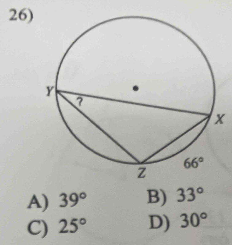 A) 39°
B) 33°
C) 25°
D) 30°