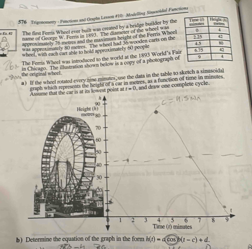 576 Trigonometry - Functions and Graphs Lesson #10: Modelling Sinusoidal Functions 
1 Ex. #2 The first Ferris Wheel ever built was created by a bridge builder by the 
name of George W. Ferris in 1893. The diameter of the wheel was 
approximately 76 metres and the maximum height of the Ferris Wheel 
was approximately 80 metres. The wheel had 36 wooden carts on the 
wheel, with each cart able to hold approximately 60 people 
The Ferris Wheel was introduced to the world at the 1893 World’s Fair 
in Chicago. The illustration shown below is a copy of a photograph of 
the original wheel. 
a) If the wheel rotated every nine minutes, use the data in the table to sketch a sinusoidal 
graph which represents the height of a car in metres, as a function of time in minutes. 
point at t=0 , and draw one complete cycle. 
b) Determine the equation of the graph in the form h(t)=acos b(t-c)+d.