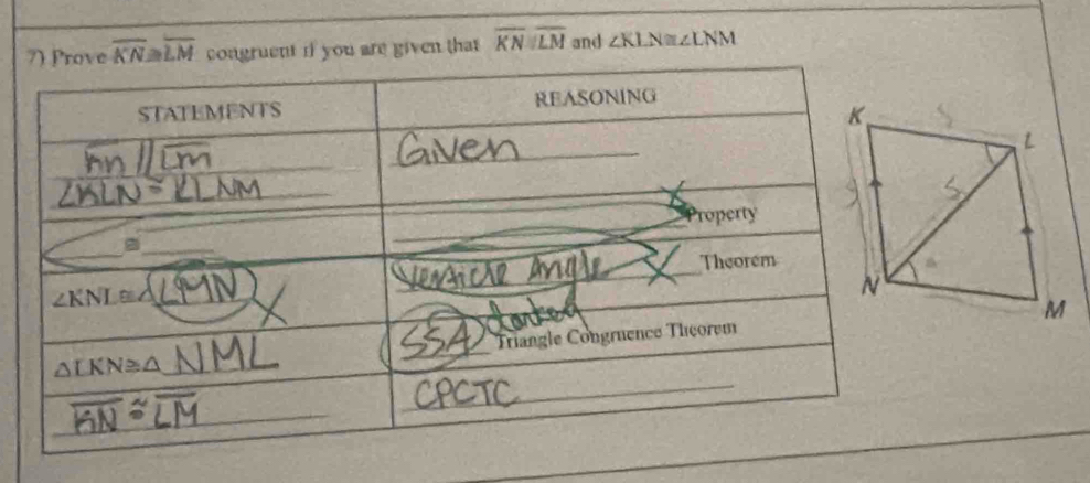 overline KN≌ overline LM uent if you are given that overline KNparallel overline LM and ∠ KLN≌ ∠ LNM