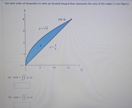 Use each order of integration to write an iterated integral that represents the area of the region R (see figure).
(a) area-∈t ∈t dxdy
□
(b) area=∈t ∈t dydx
□