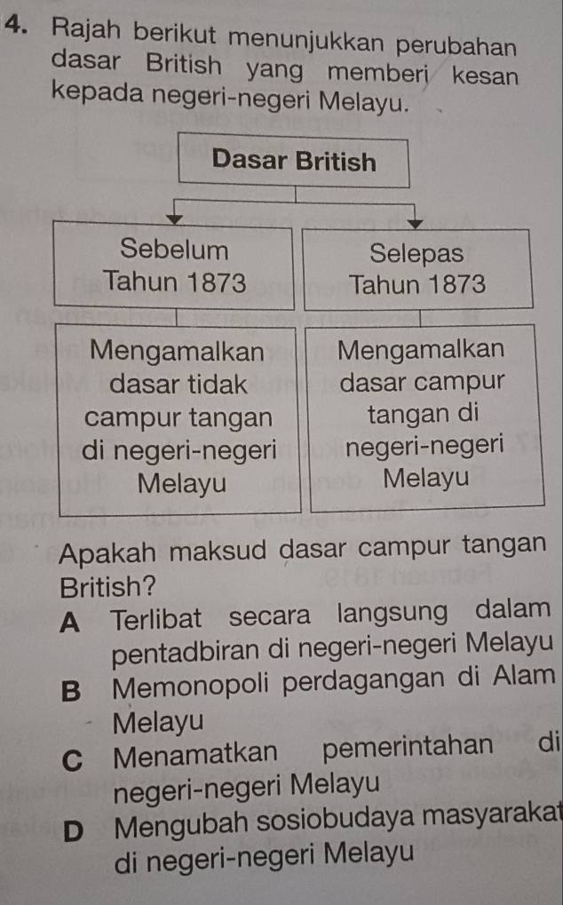 Rajah berikut menunjukkan perubahan
dasar British yang memberi kesan
kepada negeri-negeri Melayu.
Dasar British
Sebelum Selepas
Tahun 1873 Tahun 1873
Mengamalkan Mengamalkan
dasar tidak dasar campur
campur tangan tangan di
di negeri-negeri negeri-negeri
Melayu Melayu
Apakah maksud dasar campur tangan
British?
A Terlibat secara langsung dalam
pentadbiran di negeri-negeri Melayu
B Memonopoli perdagangan di Alam
Melayu
C Menamatkan pemerintahan di
negeri-negeri Melayu
D Mengubah sosiobudaya masyarakat
di negeri-negeri Melayu