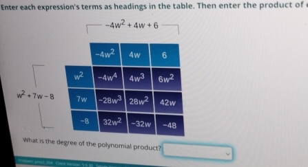 Enter each expression's terms as headings in the table. Then enter the product of
-4w^2+4w+6
What is the degree of the polynomial product? □