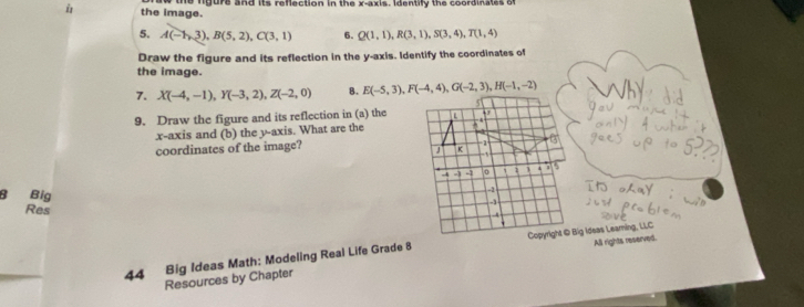 the image. w the rgure and its reflection in the x-axis, Identify the coordinates o 
5. A(-1,3), B(5,2), C(3,1) 6. Q(1,1), R(3,1), S(3,4), T(1,4)
Draw the figure and its reflection in the y-axis. Identify the coordinates of 
the image. 
7. X(-4,-1), Y(-3,2), Z(-2,0) B. E(-5,3), F(-4,4), G(-2,3), H(-1,-2) Why 
5 
9. Draw the figure and its reflection in (a) the L 
x-axis and (b) the y-axis. What are the 
coordinates of the image? 
J K. 4 -1 -1 0 ` 1 1
B Big
-1
-1
Res . 4 
44 Big Ideas Math: Modeling Real Life Grade 8 Copyright © Big Ideas Learing, LL 
Resources by Chapter All rights reserved.
