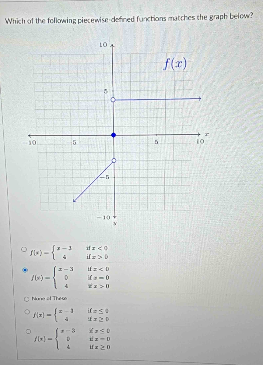 Which of the following piecewise-defned functions matches the graph below?
f(x)=beginarrayl x-3ifx<0 4ifx>0endarray.
f(x)=beginarrayl x-3ifx<0 0ifx=0 4ifx>0endarray.
None of These
f(x)=beginarrayl x-3 4endarray. beginarrayr ifx≤ 0 ifx≥ 0endarray
f(x)=beginarrayl x-3ifx≤ 0 0ifx=0 4ifx≥ 0endarray.