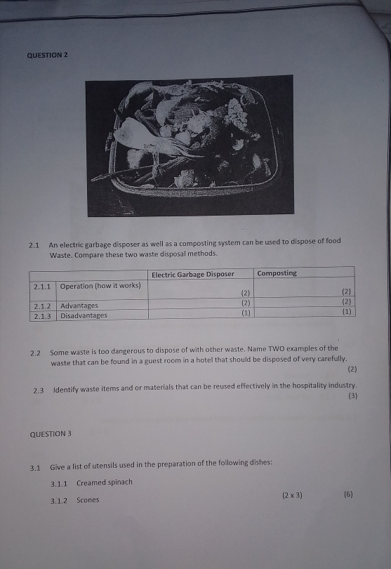 2.1 An electric garbage disposer as well as a composting system can be used to dispose of food 
Waste. Compare these two waste disposal methods. 
2.2 Some waste is too dangerous to dispose of with other waste. Name TWO examples of the 
waste that can be found in a guest room in a hotel that should be disposed of very carefully, 
(2) 
2.3 Identify waste items and or materials that can be reused effectively in the hospitality industry. 
(3) 
QUESTION 3 
3.1 Give a list of utensils used in the preparation of the following dishes: 
3.1.1 Creamed spinach 
3.1.2 Scones (2* 3) (6)