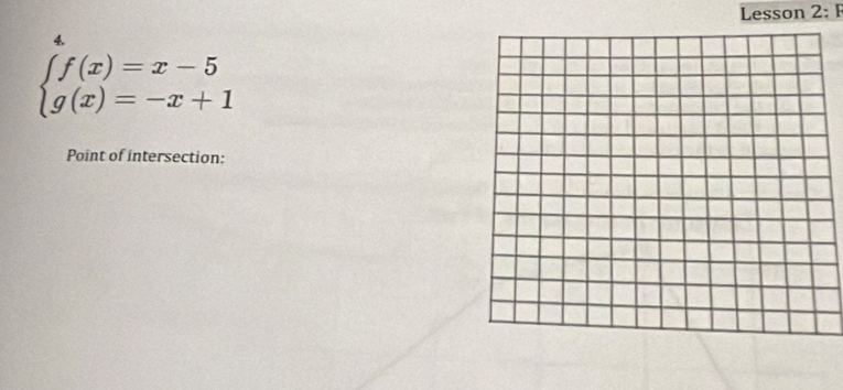 Lesson 2:F
beginarrayl f(x)=x-5 g(x)=-x+1endarray.
Point of intersection: