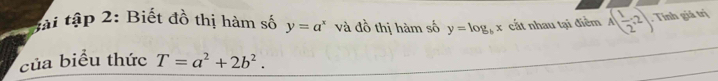 ti tập 2: Biết đồ thị hàm số y=a^x và đồ thị hàm số y=log _bx cất nhau tại điểm A( 1/2 ,2). Tính giả trị 
của biểu thức T=a^2+2b^2.