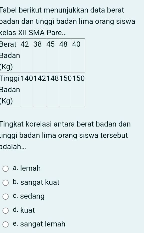 Tabel berikut menunjukkan data berat
badan dan tinggi badan lima orang siswa
kelas XII SMA Pare..
B
B
(K
T
B
(K
Tingkat korelasi antara berat badan dan
tinggi badan lima orang siswa tersebut 
adalah...
a. lemah
b. sangat kuat
c. sedang
d. kuat
e. sangat lemah