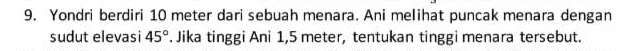 Yondri berdiri 10 meter dari sebuah menara. Ani melihat puncak menara dengan 
sudut elevasi 45°. Jika tinggi Ani 1,5 meter, tentukan tinggi menara tersebut.