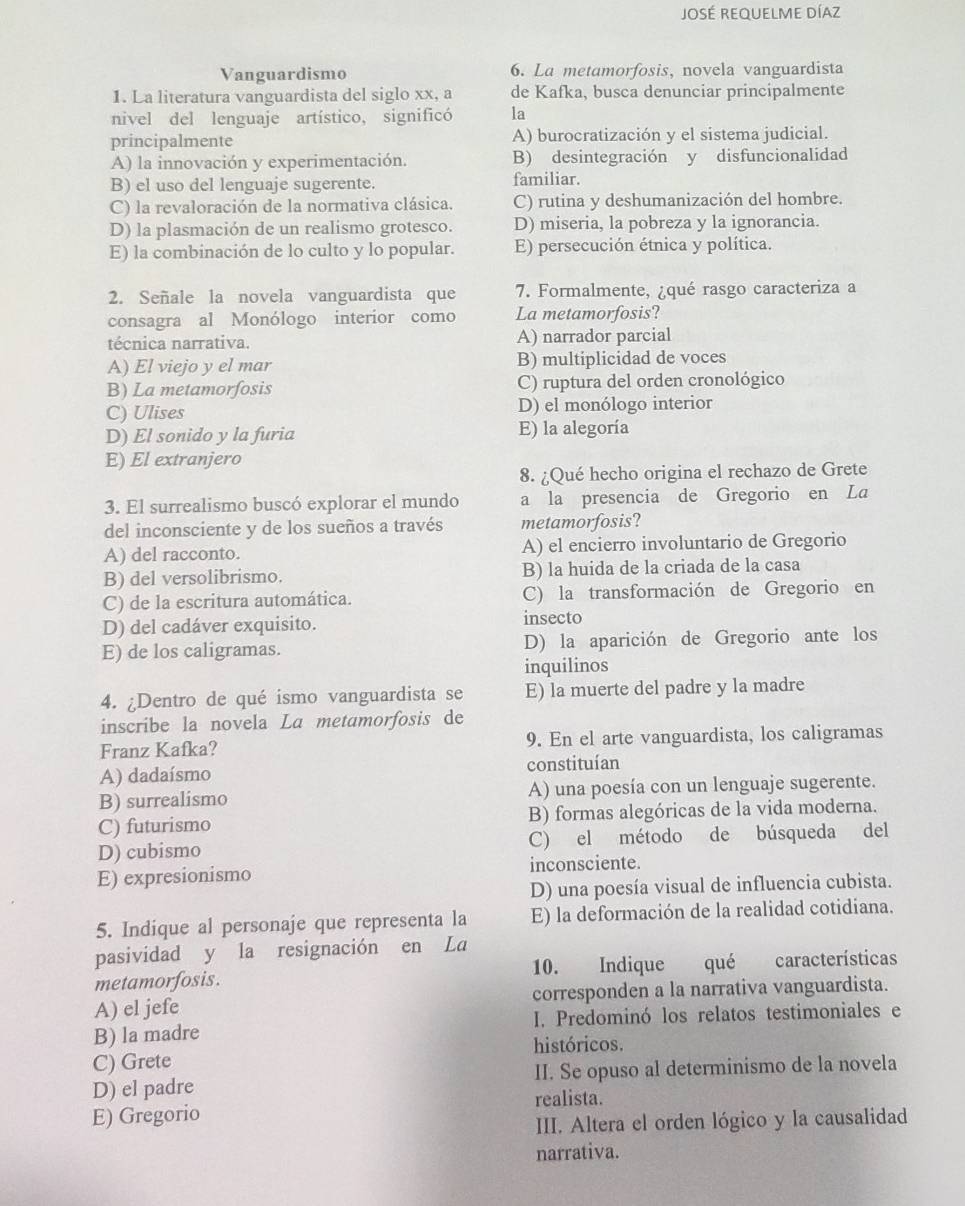 José REQUELMe DÍAz
Vanguardismo 6. La metamorfosis, novela vanguardista
1. La literatura vanguardista del siglo xx, a de Kafka, busca denunciar principalmente
nivel del lenguaje artístico, significó la
principalmente A) burocratización y el sistema judicial.
A) la innovación y experimentación. B) desintegración y disfuncionalidad
B) el uso del lenguaje sugerente. familiar.
C) la revaloración de la normativa clásica. C) rutina y deshumanización del hombre.
D) la plasmación de un realismo grotesco. D) miseria, la pobreza y la ignorancia.
E) la combinación de lo culto y lo popular. E) persecución étnica y política.
2. Señale la novela vanguardista que 7. Formalmente, ¿qué rasgo caracteriza a
consagra al Monólogo interior como La metamorfosis?
técnica narrativa. A) narrador parcial
A) El viejo y el mar B) multiplicidad de voces
B) La metamorfosis C) ruptura del orden cronológico
C) Ulises D) el monólogo interior
D) El sonido y la furia E) la alegoría
E) El extranjero
8. ¿Qué hecho origina el rechazo de Grete
3. El surrealismo buscó explorar el mundo a la presencia de Gregorio en La
del inconsciente y de los sueños a través metamorfosis?
A) del racconto. A) el encierro involuntario de Gregorio
B) del versolibrismo. B) la huida de la criada de la casa
C) de la escritura automática. C) la transformación de Gregorio en
D) del cadáver exquisito. insecto
E) de los caligramas. D) la aparición de Gregorio ante los
inquilinos
4. ¿Dentro de qué ismo vanguardista se E) la muerte del padre y la madre
inscribe la novela La metamorfosis de
Franz Kafka? 9. En el arte vanguardista, los caligramas
A) dadaísmo constituían
B) surrealismo A) una poesía con un lenguaje sugerente.
C) futurismo B) formas alegóricas de la vida moderna.
D) cubismo C) el método de búsqueda del
E) expresionismo inconsciente.
D) una poesía visual de influencia cubista.
5. Indique al personaje que representa la E) la deformación de la realidad cotidiana.
pasividad y la resignación en La
metamorfosis. 10. Indique qué características
A) el jefe corresponden a la narrativa vanguardista.
B) la madre I. Predominó los relatos testimoniales e
históricos.
C) Grete
II. Se opuso al determinismo de la novela
D) el padre realista.
E) Gregorio
III. Altera el orden lógico y la causalidad
narrativa.