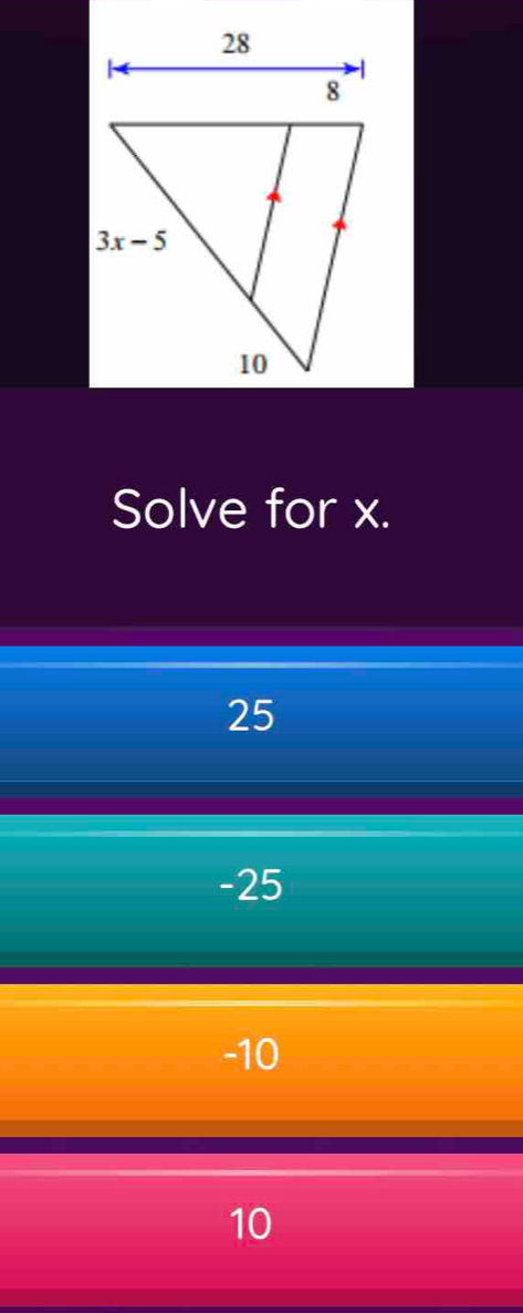 Solve for x.
25
-25
-10
10