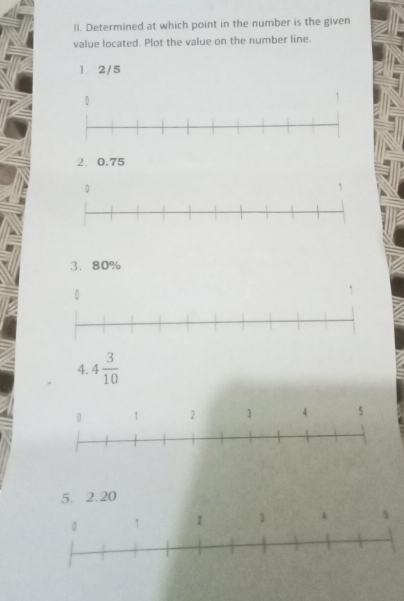 Determined at which point in the number is the given 
value located. Plot the value on the number line. 
1 2/5
0
2. 0.75
。
1
3. 80%
4. 4 3/10 
5. 2.20