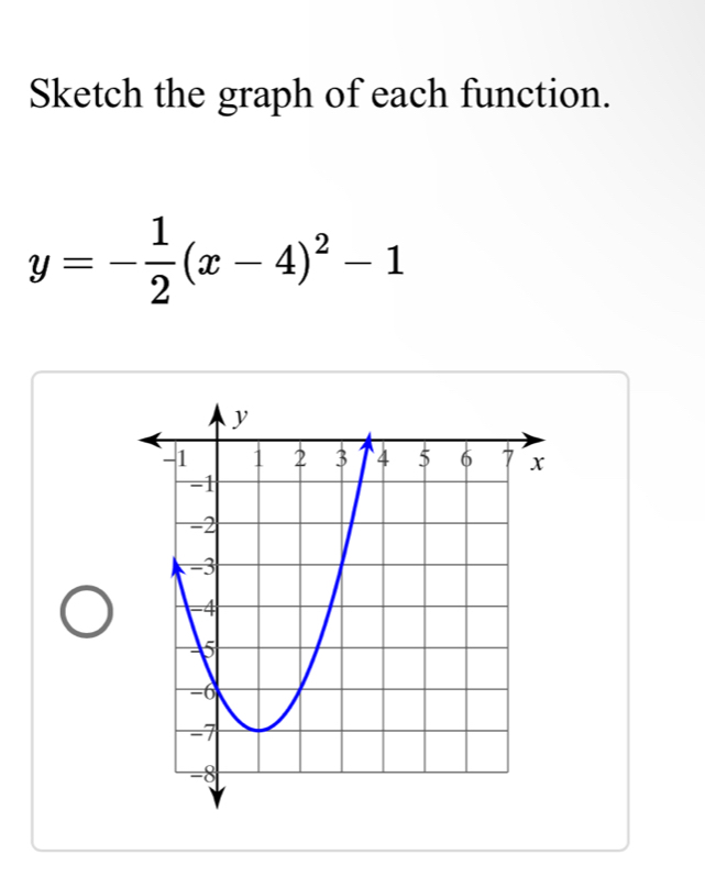 Sketch the graph of each function.
y=- 1/2 (x-4)^2-1