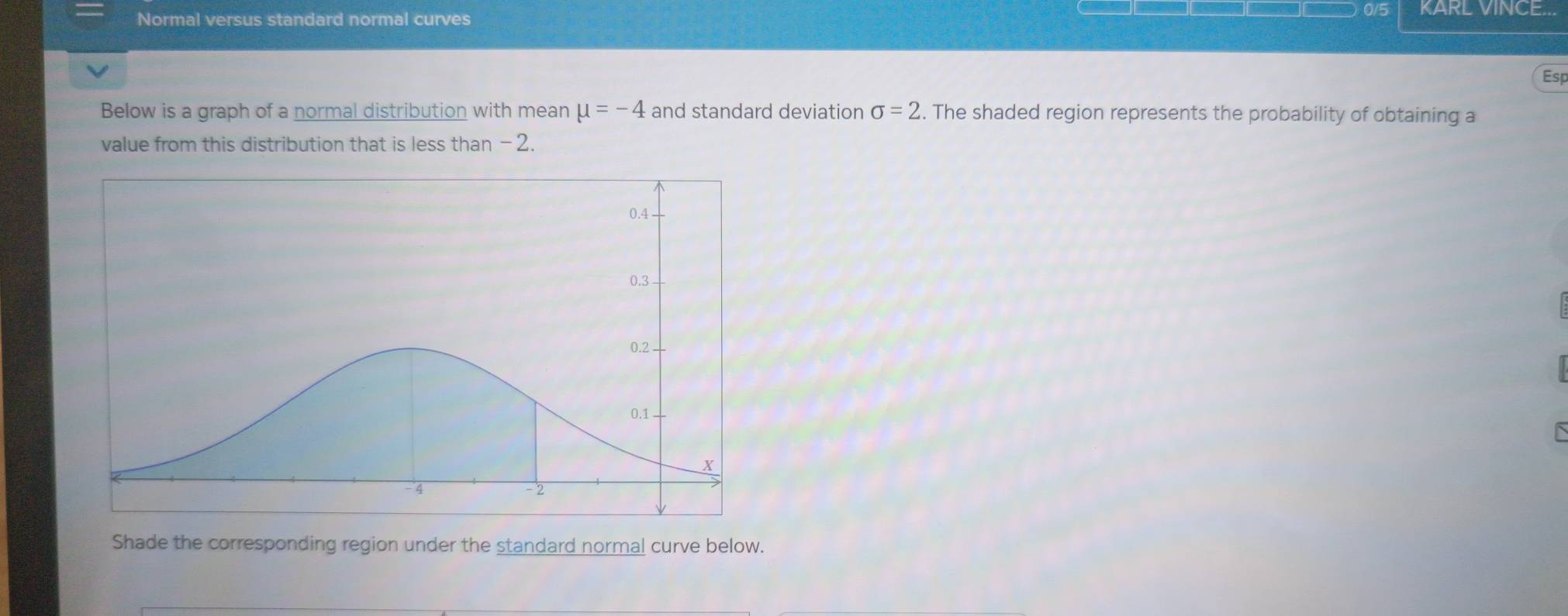 Normal versus standard normal curves 
0/5 KARL VINCE.. 
Esp 
Below is a graph of a normal distribution with mean mu =-4 and standard deviation sigma =2. The shaded region represents the probability of obtaining a 
value from this distribution that is less than -2. 
Shade the corresponding region under the standard normal curve below.