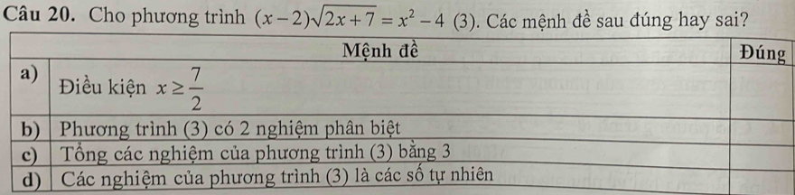 Cho phương trình (x-2)sqrt(2x+7)=x^2-4 (3).    Các mệnh đề sau đúng hay sai?