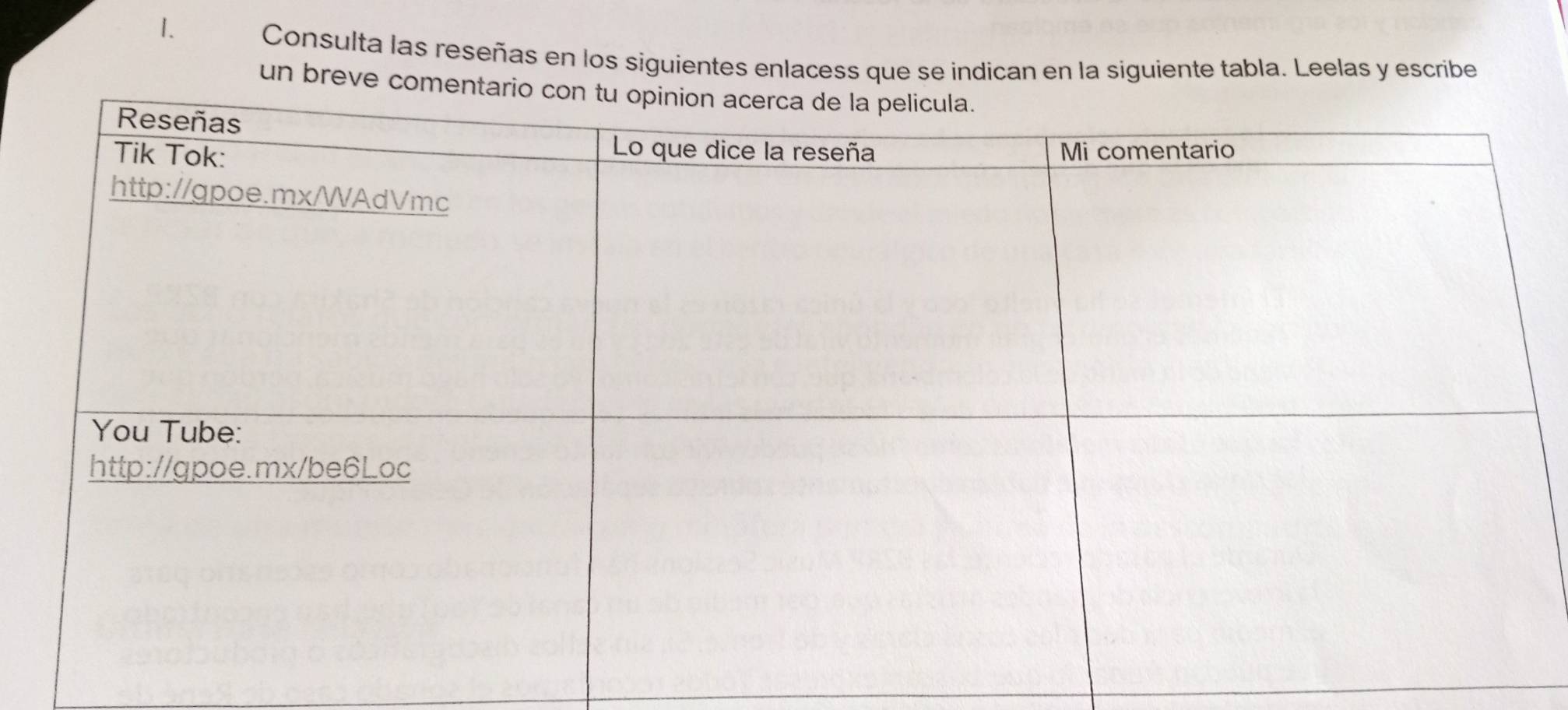 Consulta las reseñas en los siguientes enlacess que se indican en la siguiente tabla. Leelas y escribe 
un breve com